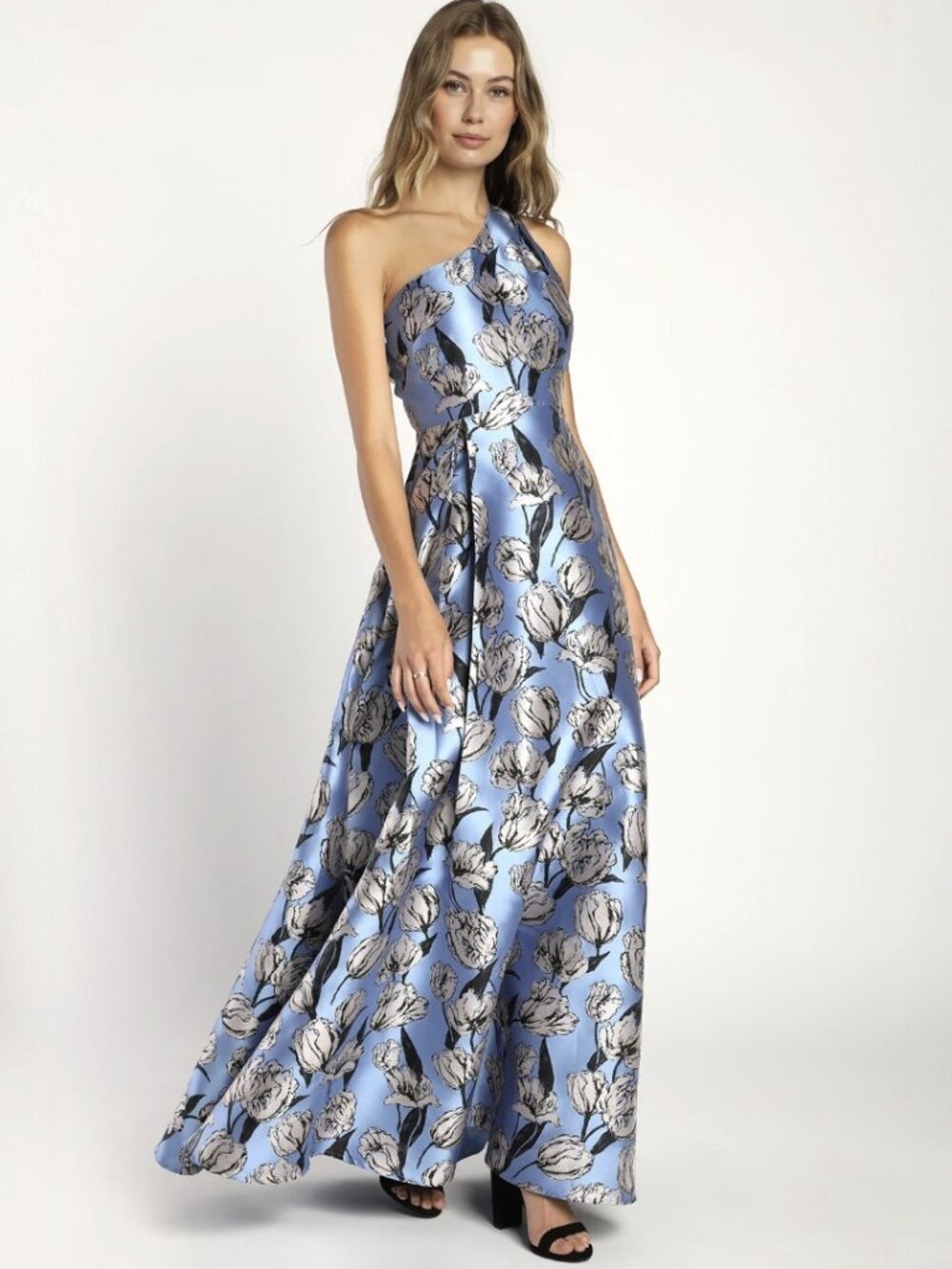 NWT Lulus Exquisite Elegance Blue Jacquard One-Shoulder Maxi Dress (size L) - Picture 2 of 9